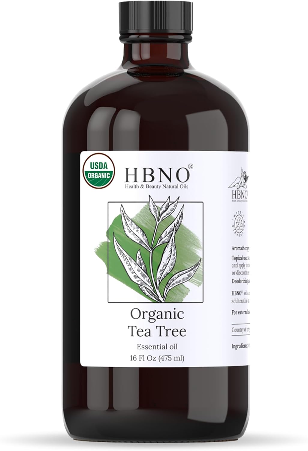 HBNO Organic Tea Tree Oil - Huge 16 oz (475ml) Large Size - Ideal for Diffusers, Cleaning Agents, Deodorizers, and Flavoring Agents.