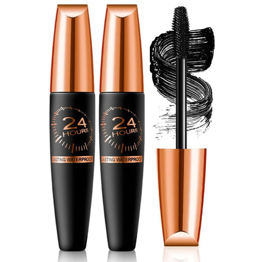 2 PCS 4D Waterproof Silk Fibre Thick Lengthening Mascara, Long Lasting Smudge-Proof Curling Eyelashes Mascaras with No Flaking Black Volume and Length Natural, All Day Full