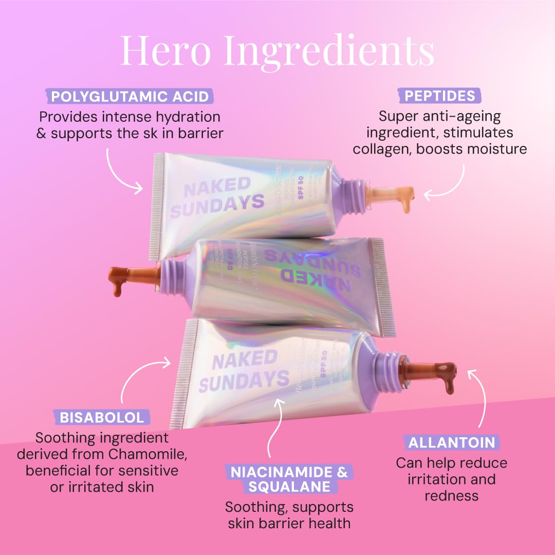 Naked Sundays BeautyScreen™ SPF 50 Mineral Peptide Foundation Tint – 2-in-1 Skin Tint & Mineral Sunscreen | Radiant, Buildable Coverage, Acne-Safe, Infused with Peptides (8 Golden Mahogany, 1.01 oz)