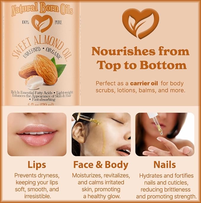 Natural Born Oils Sweet Almond Oil, 16oz, Organic, Cold-Pressed, Nutrient-Rich, Excellent for Soft Skin, Lustrous Hair