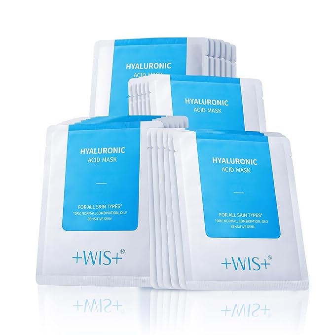 '+WIS+ Hyaluronic Acid Sheet Mask 5 EA with Hyaluronic Acid Serum and Vitamin B5, Hydrating Facial Mask for Dry Skin, Anti-Aging Mask to Plump and Repair Dehydrated Skin, Safe on Sensitive Skin