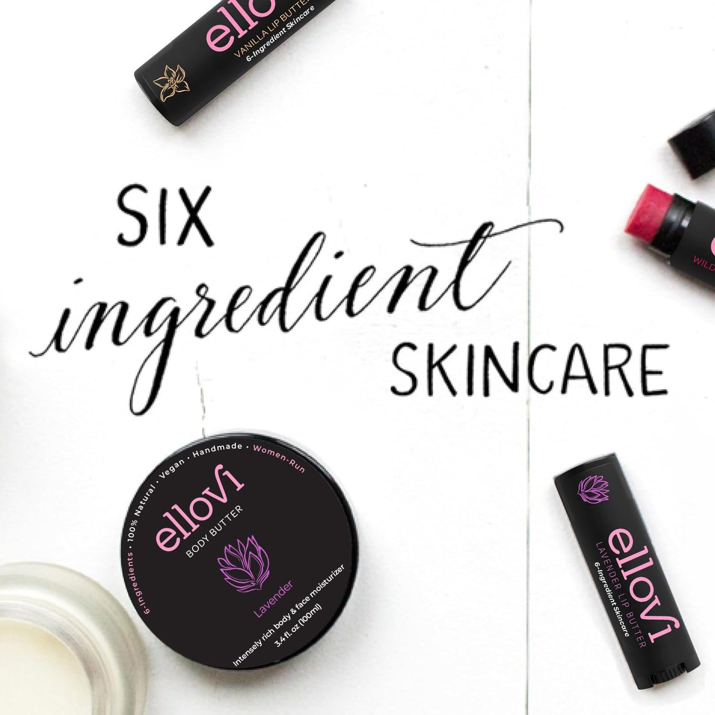 Ellovi Natural Lip Butter Lip Balm - Lavender - Pure Enough to Eat - Made With Just 6 Vegan Ingredients - 100% Natural & Organic Moisturizing Lip Care for All Day Hydration (3-Pack)