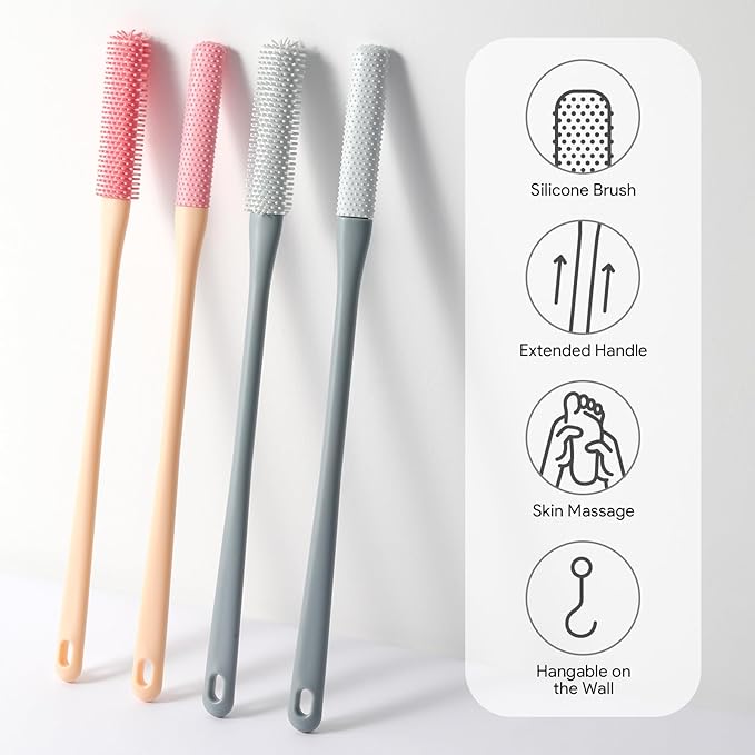 Shower Foot Scrubber Brush, 15.7" Toe Cleaning Brush with 4 Reusable Drying Covers, Long Handle Silicone Bristles Lotion Applicator, No Bending Down Skin Exfoliation Foot Scrub Brushes for Elderly