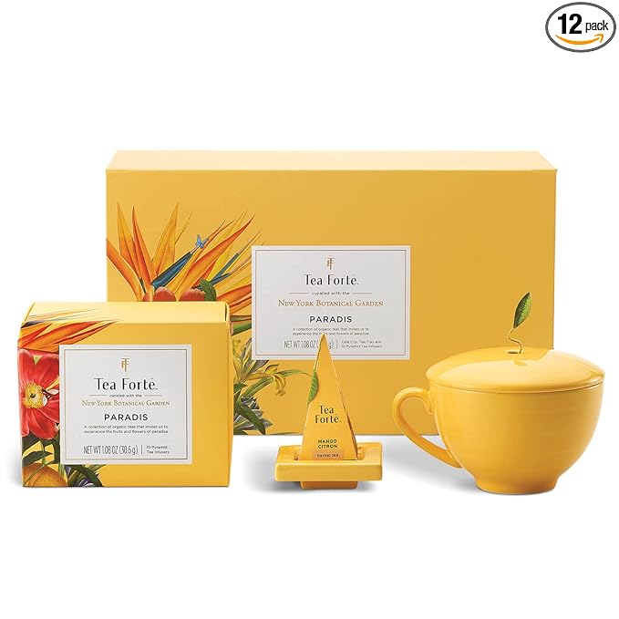 Tea Forte Paradis 3-Piece Mother's Day Tea Gift Set with Mango Yellow Cafe Cup with Lid, Tea Tray and 10 Assorted 2 of Each Variety Organic Handcrafted Pyramid Infuser Tea Bags