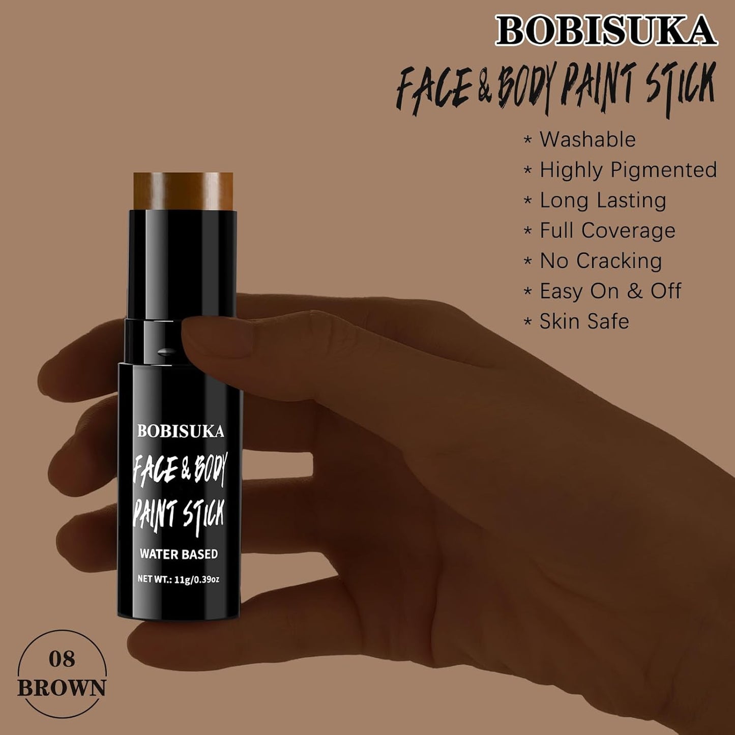 BOBISUKA Brown Face Body Paint Stick Washable Water-Based Face Paint Makeup Stick for Halloween, Skeleton, Skull, Camo, Hunting, Cosplay, SFX, Sports Eye Black & Costume Party