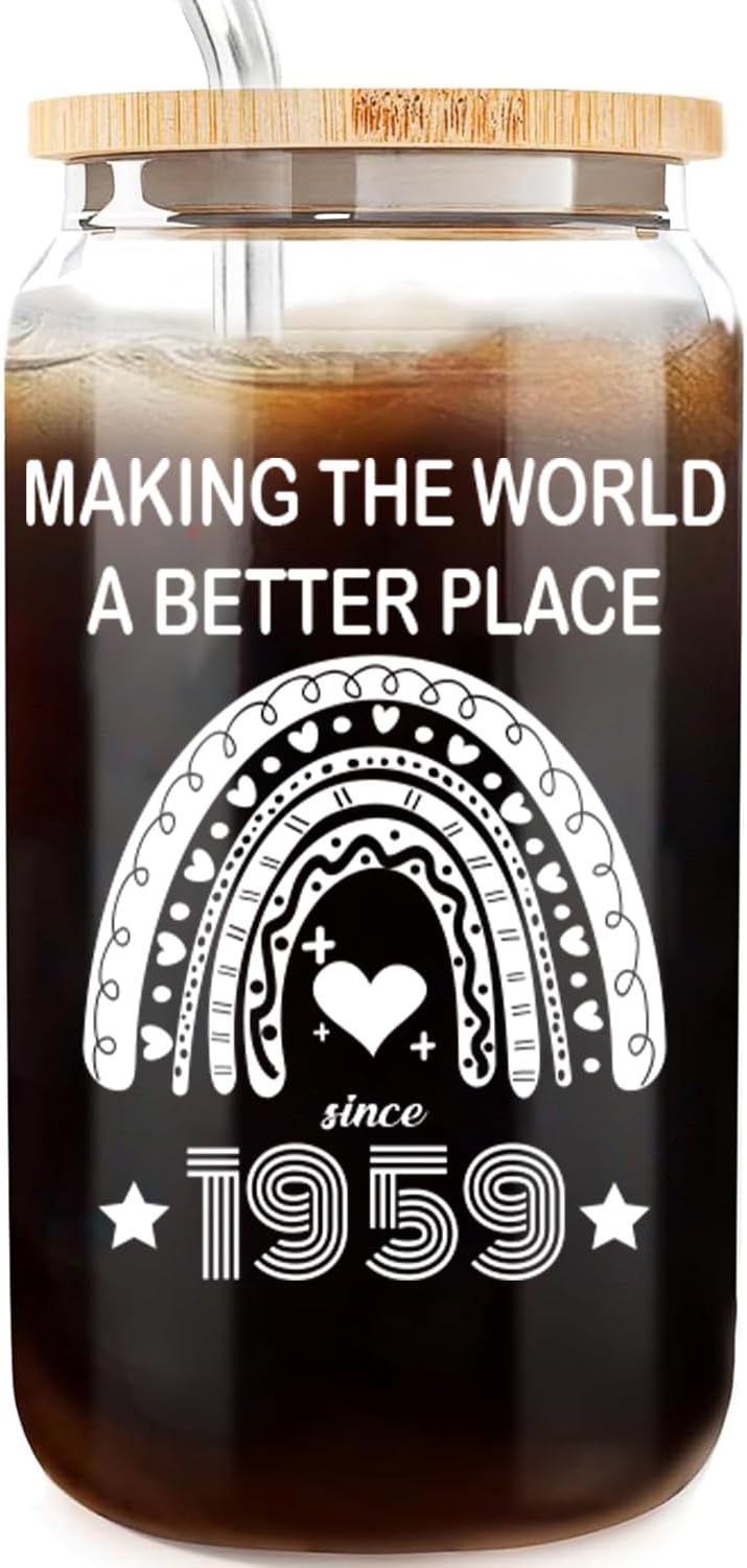 65th Birthday Gifts for Women 65 Year Old Birthday Cups 1959 Birthday Present Happy 65th Birthday Cute Glass Cups with Lids and Straws 65th Birthday Party Decorations Gifts Ideas 16 Oz Can Glass