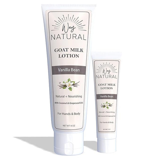 Goat Milk Lotion, Vanilla Bean - Home & Away Set, Natural, Body/Hand - Goat Milk Hand Cream for Women and Men - Dry Skin Relief - Vanilla Lotion - 8oz & 2oz Travel Size Tube