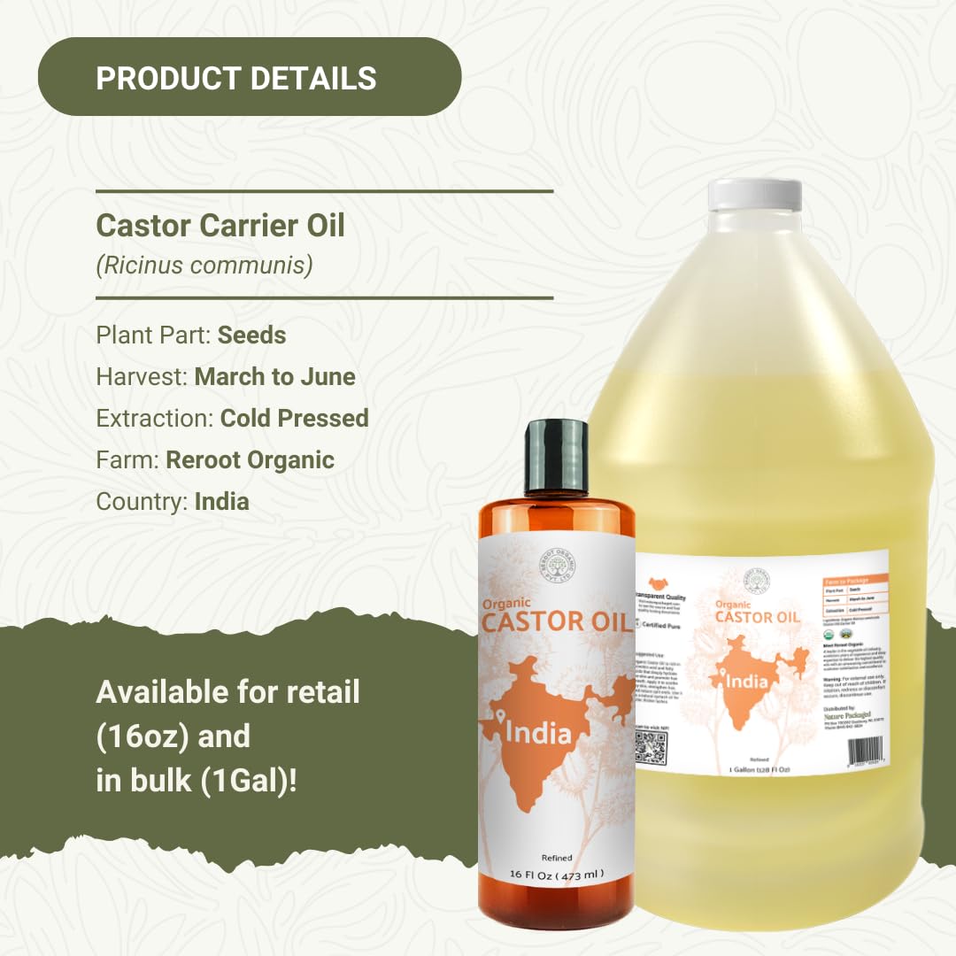 Organic Castor Oil Direct From India - Cold Pressed Castor Oil For Face, Hair Growth, Eyelash Serum, Eyebrow - Skin and Face Moisturizer and Detox - Hexane Free 1 Gallon