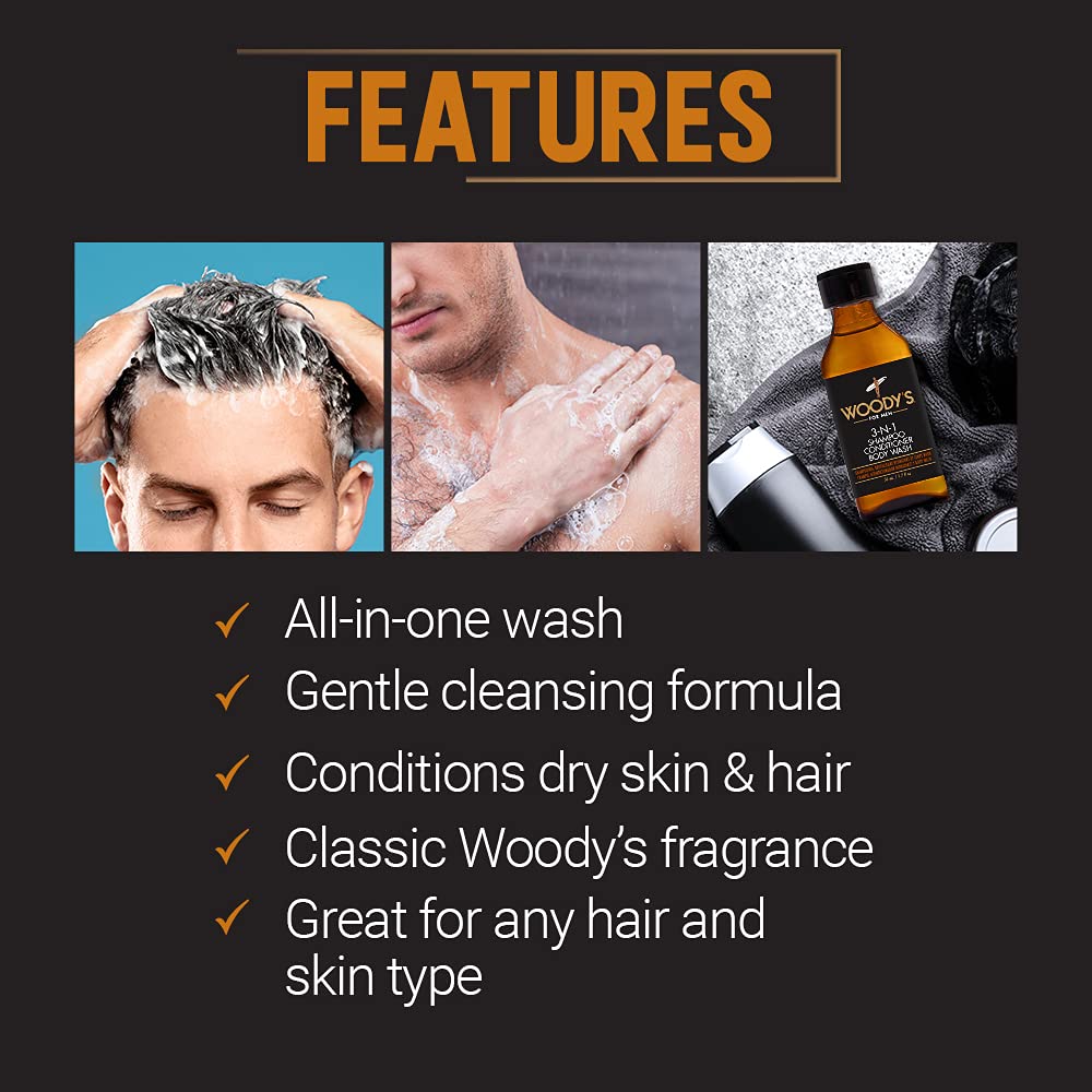 Woody's 3-in-1 Shampoo, Conditioner, & Body Wash for Men, Travel-Size, Refreshing All-in-One Hair & Body Cleanser, 1.7 fl oz, 2 Pack