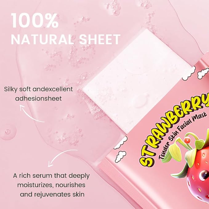 8 Pack Strawberry Fruit Face Masks for Kids,Hydrating Spa Face Mask For Sensitive Skin,Moisturize,Soothing,Nourish for All Skin Types,Natural Skin Care Spa Face Mask for Women Men Girls