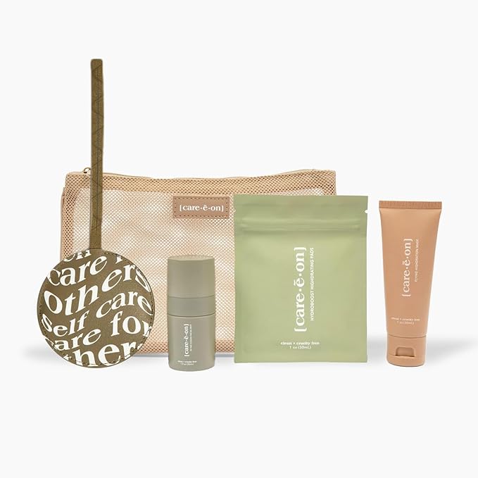 Careeon En Route Essentials Skin Care Kit with Luggage Tag 100% Vegan Leather Minimalistic Loop Design with Clear Window (tan) - Amazon Exclusive