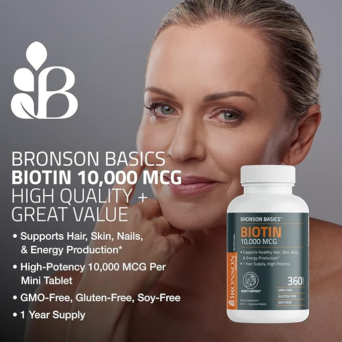 Bronson Biotin 10,000mcg, Supports Healthy Hair, Skin and Nails, Vegetarian, Non-GMO, 360 Tablets