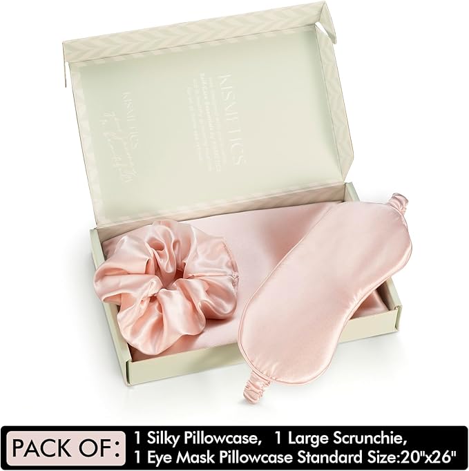 Vegan Silk Sleep Set, Silky Pillowcase with Large Scrunchie and Eye Mask for Hair and Skin, Self Care Essential Satin Night Routine Kit (Blush Color)