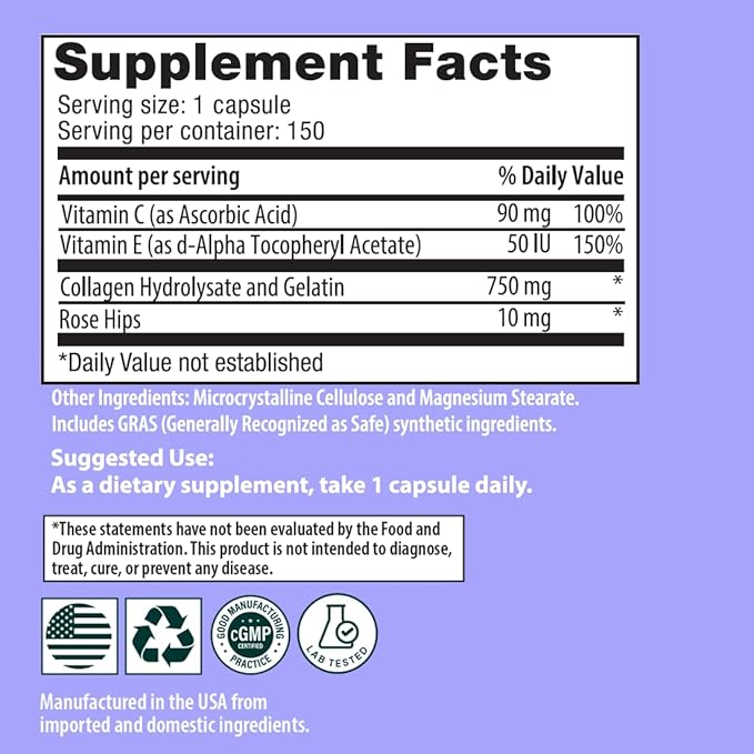 Sanar Naturals Collagen Pills with Vitamin C, E - for Hair, Skin, Nails, Joint Health, Reduce Wrinkles - Hydrolyzed Collagen for Women & Men Supplement - Grass Fed, Non-GMO, 150 Capsules