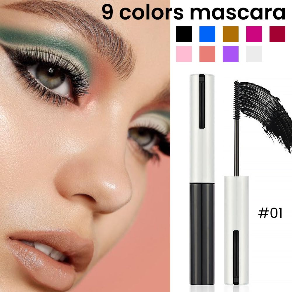Colored Mascara for Eyelashes with Comb Set,Colorful Waterproof Mascara Long lasting Charming Voluminous for Women Cruelty Free Vegan Eye Makeup (C-1Pc 01#black, C)