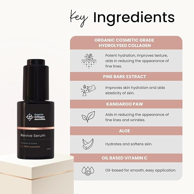 Organic Collagen Australia Revive Serum – Hydrating Face Serum with Hydrolyzed Collagen, Aloe Vera, Pine Bark Extract & Vitamin C – Smooths Fine Lines, Nourishes, & Softens Skin (1 oz)