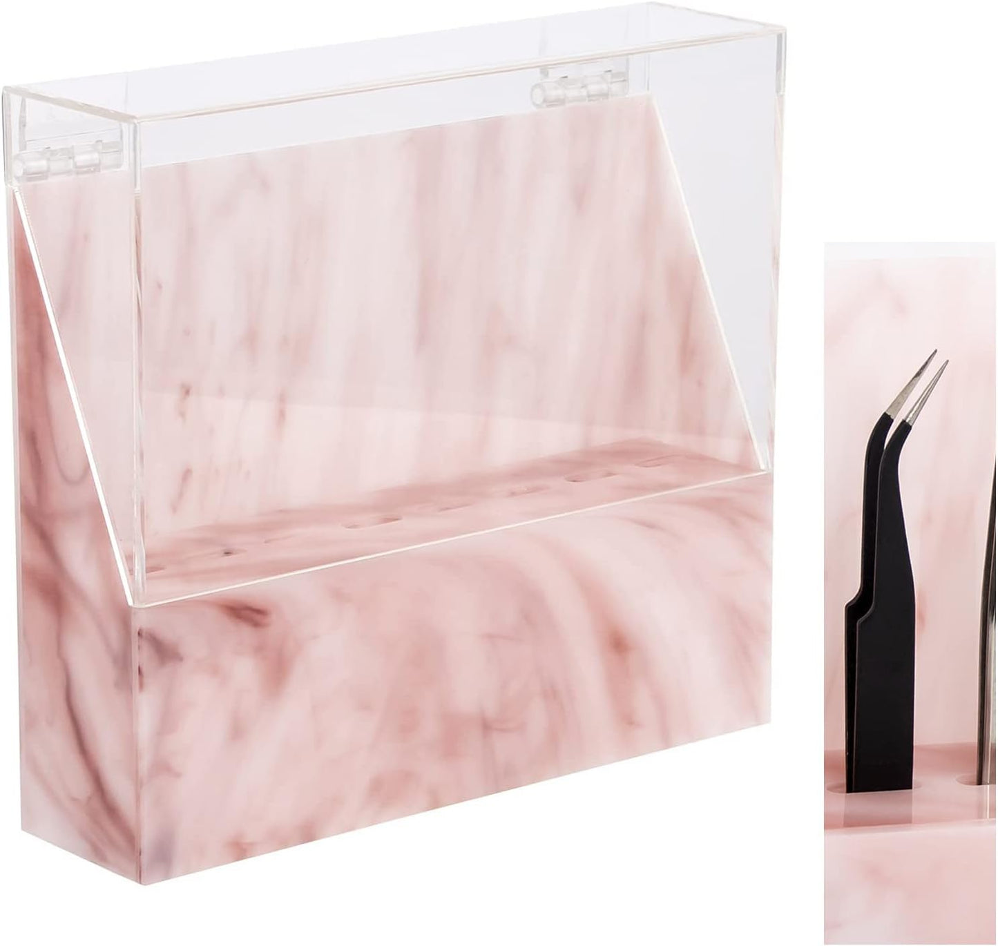 8 Holes Dust-proof Eyelash Tweezers Holder Case Acrylic Marble Tweezer Stand Display Organizer with Cover for Lash Extensions (pink)