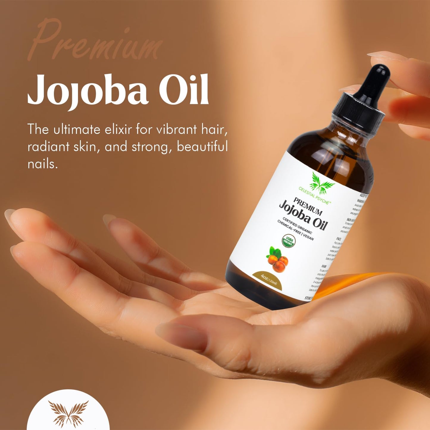 USDA Certified Organic Jojoba Oil (4 Oz) 100% Pure Natural, Chemical-Free, Hexane-Free, Hair Growth, Scalp Care, Skin Hydration, Nails Natural Beauty Enhancement, Anti-Aging