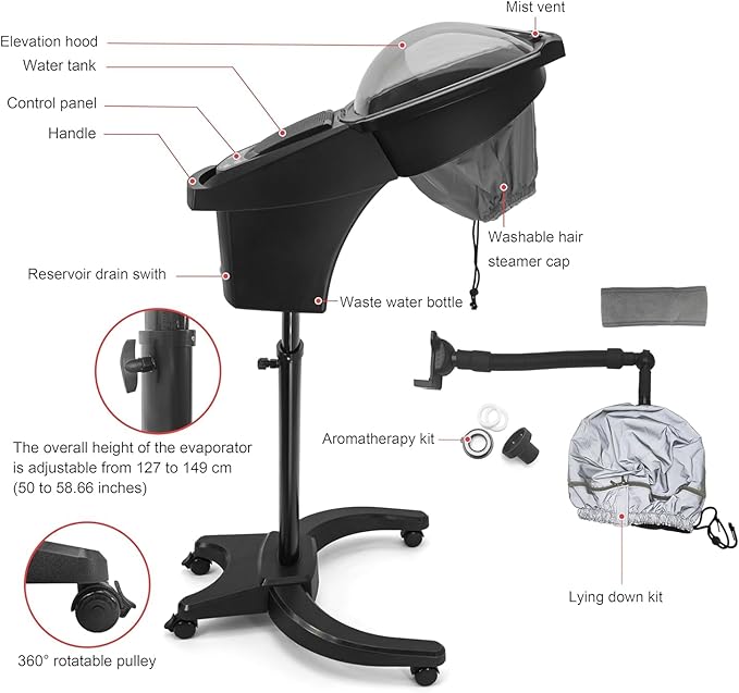 Elitzia Professional Hair Steamer - Digital Display Adjustable Steam Output and Customizable Temperature Settings for All Hair Types Shampoo Bowl Mist Hooded Natural Black Hair for Salons Spas ET19190