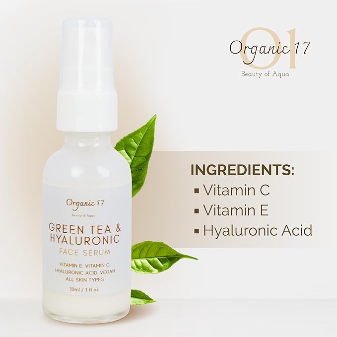 Hyaluronic Acid & Green Tea Face Serum – Anti-Aging Hydrating Serum with Vitamins C + E for Glowing Skin, Vegan & Cruelty-Free for All Skin Types – 30ml