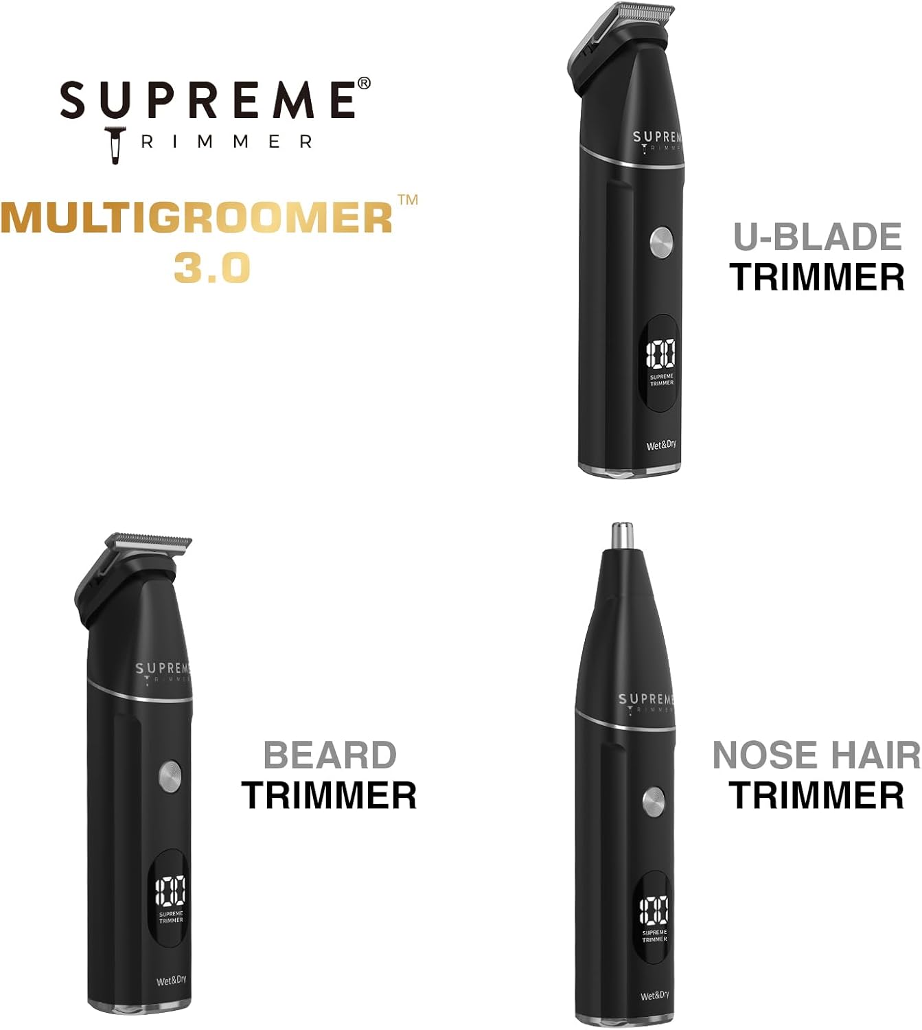 Supreme Trimmer All-in-One Waterproof Multigroomer for Men | Beard, Body, Pubic & Nose Hair Trimmer Kit | No-Nick LCD Grooming Clippers, Rechargeable Full Body Shaver | SMG3030