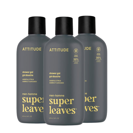 ATTITUDE Shower Gel Body Wash for Men, 98% Natural Origin Ingredients, Paraben & Phthalate Free, EWG Verified, Cleanses Without Drying, Amber & Citrus, 14 Fl Oz (Pack of 3)