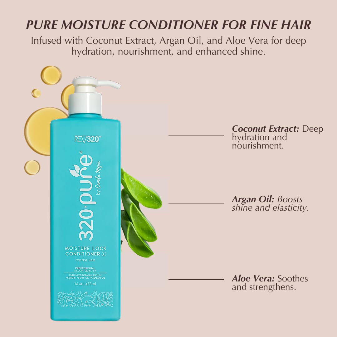 Rev320 320Pure Moisture Lock Conditioner for Fine Hair, Keratin and Argan Oil Hydrating Hair Conditioner, Restore Thin, Dry, & Color-Treated 16oz