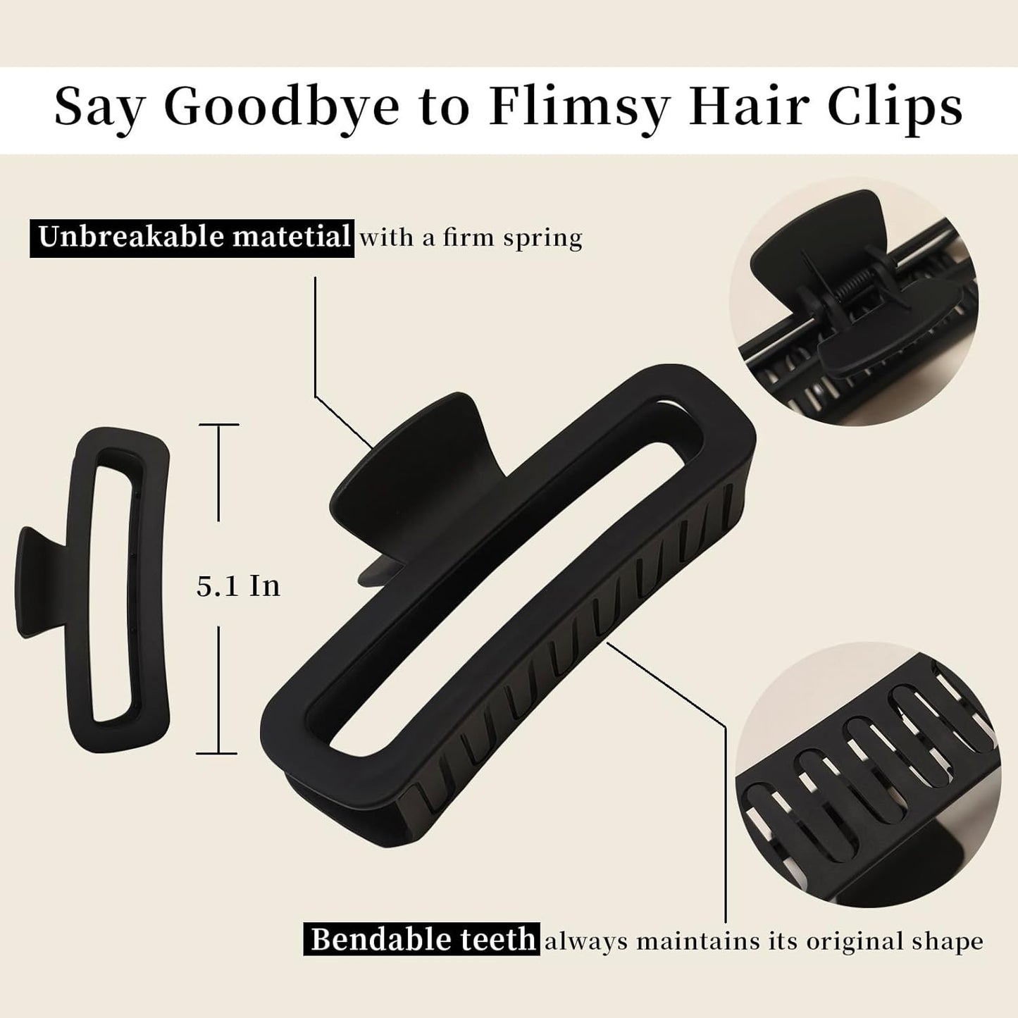 5 Inch Large Hair Claw Clips, No Slip Matte & Glossy Unbreakable Square XL Hair Clips for Thick Long Curly Hair, Women's Big Rectangle Strong Clips, 4 Pack