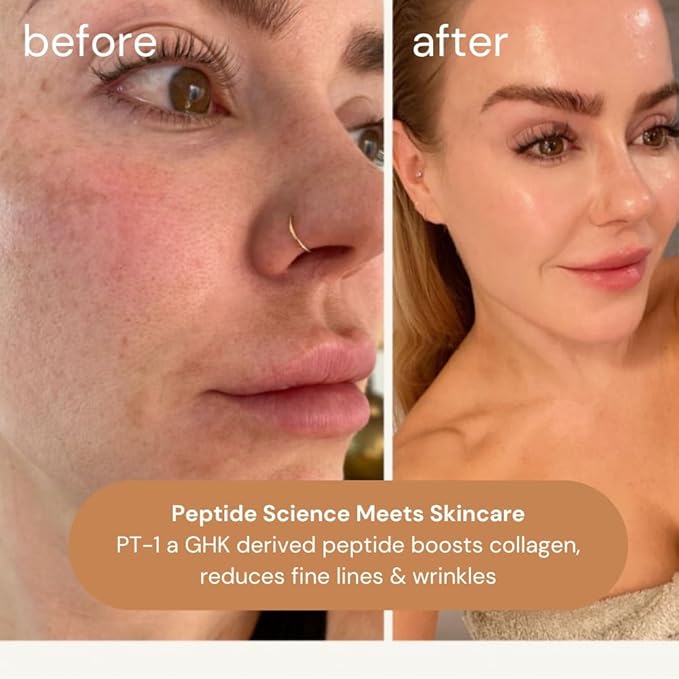 KOA Life GHK Peptide Daily Ultra-Hydrating, Anti-Aging Facial Oil. In a metallic copper glass dropper bottle and metallic copper outer cylinder carton