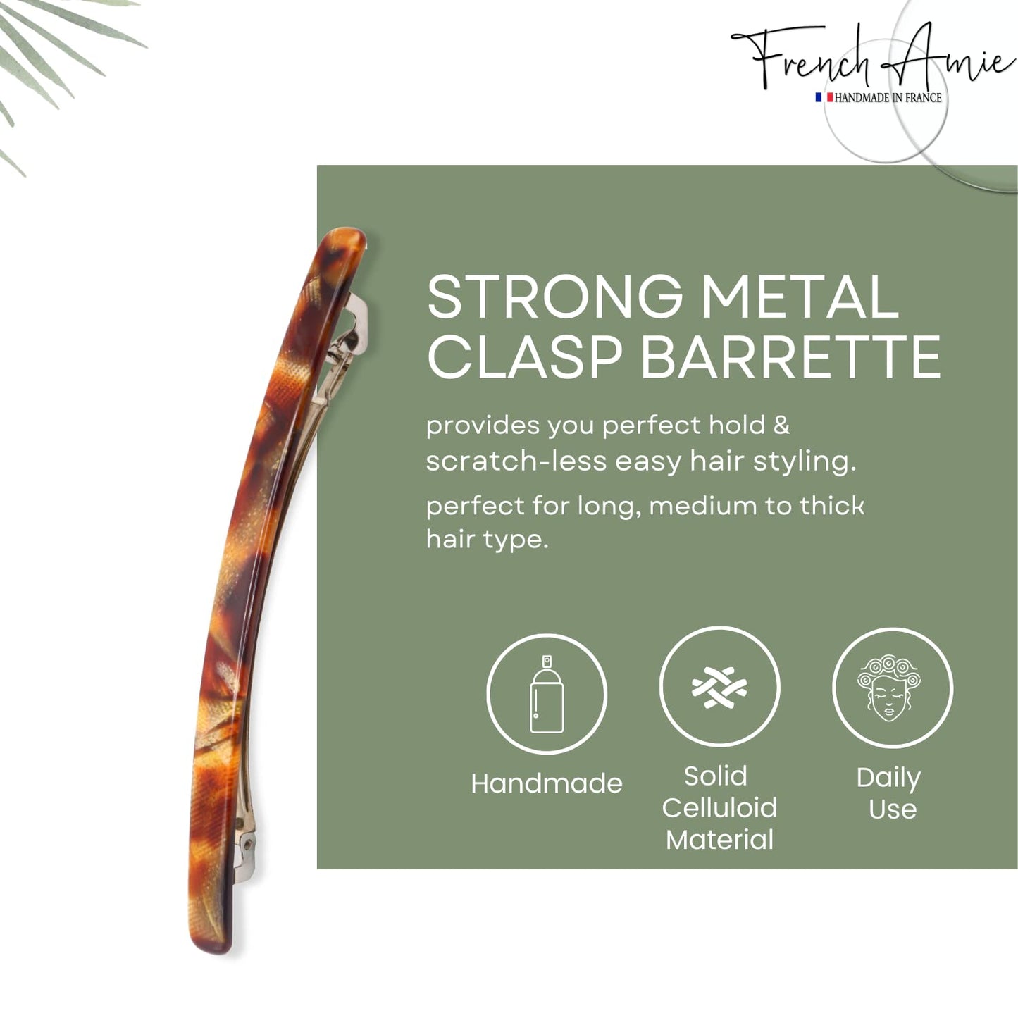 French Amie Long and Thin Caramel Large 4” Handmade Celluloid Automatic Sleek Hair Clip Barrette for Women and Girls (Caramel)