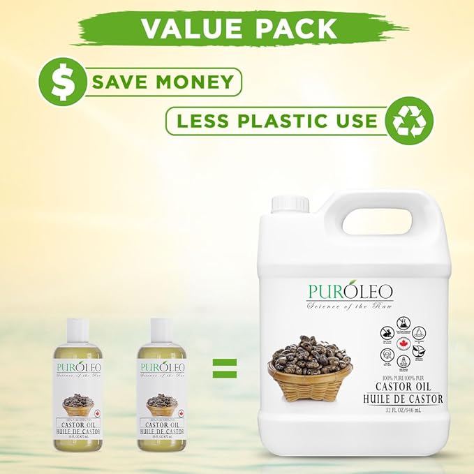 PUROLEO Castor Oil 32 Fl Oz/946 ML (Packed In Canada) 100% Pure and Natural Hair, Lash, Beard, Eyelashes & Eyebrow Oil Black castor oil for brow lashes, Make eyelash serum, hair serum for dry hair