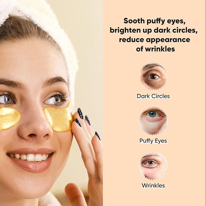 24k Golden Glow Under Eye Patches (30 Pairs Eye Gels), Collagen Eye Masks for Dark Circles and Puffiness, Bags, Relieves Pressure and Reduces Wrinkles, Refreshes Your Skin, Beauty & Personal Care