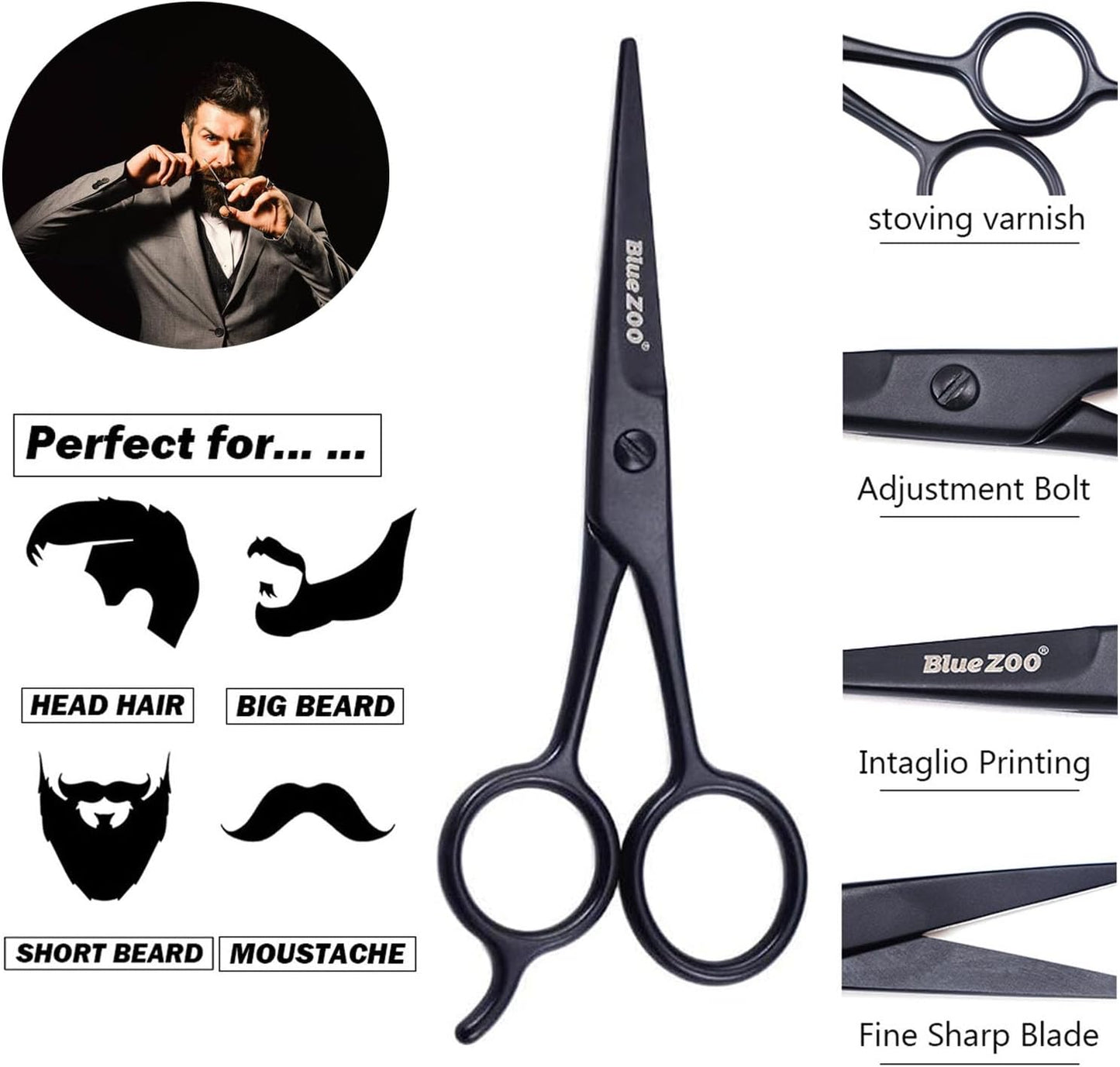 BlueZOO Beard Mustache Scissors and Comb Kit with PU Storage Bag, Rounded Safety Nose Hair Scissor for Men and Women Care Grooming, Ear Trimming Tool, Shears for Personal Grooming, Cutting & Styling