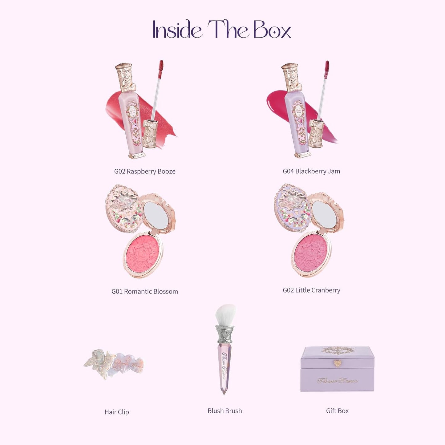 Flower Knows Violet Strawberry Rococo Gift Box Set,7-Piece Makeup Box with Mirror,Lip Gloss×2+Blush×2+Blush Brush×1+Hair Clip×1+Gift Box×1,Perfect Makeup Gift for Girls & Women