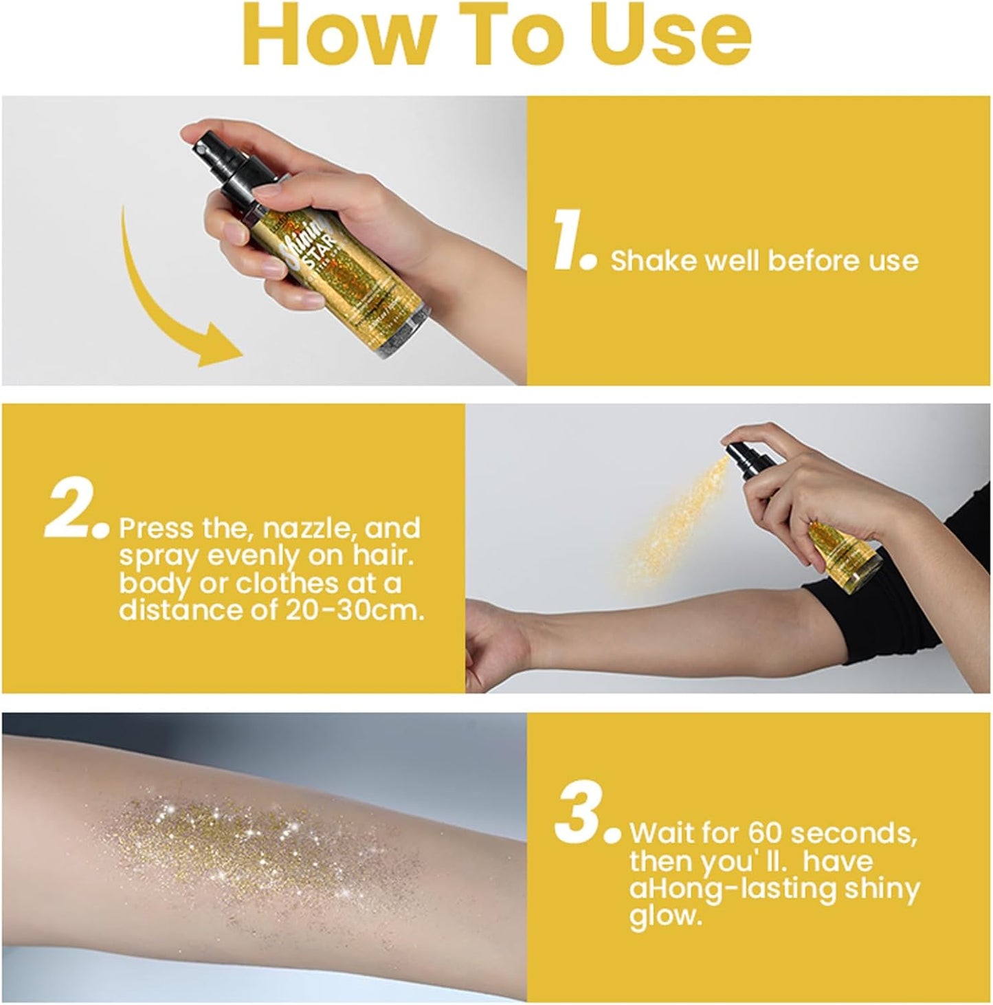 MEICOLY Gold Body Glitter Spray,100ML(3.53OZ),Liquid Glitter Hairspray,Sparkle Hair Spray,Glitter Spray for Hair/Body/Clothes,Body Shimmer for Skin,Lightweight,Long Lasting