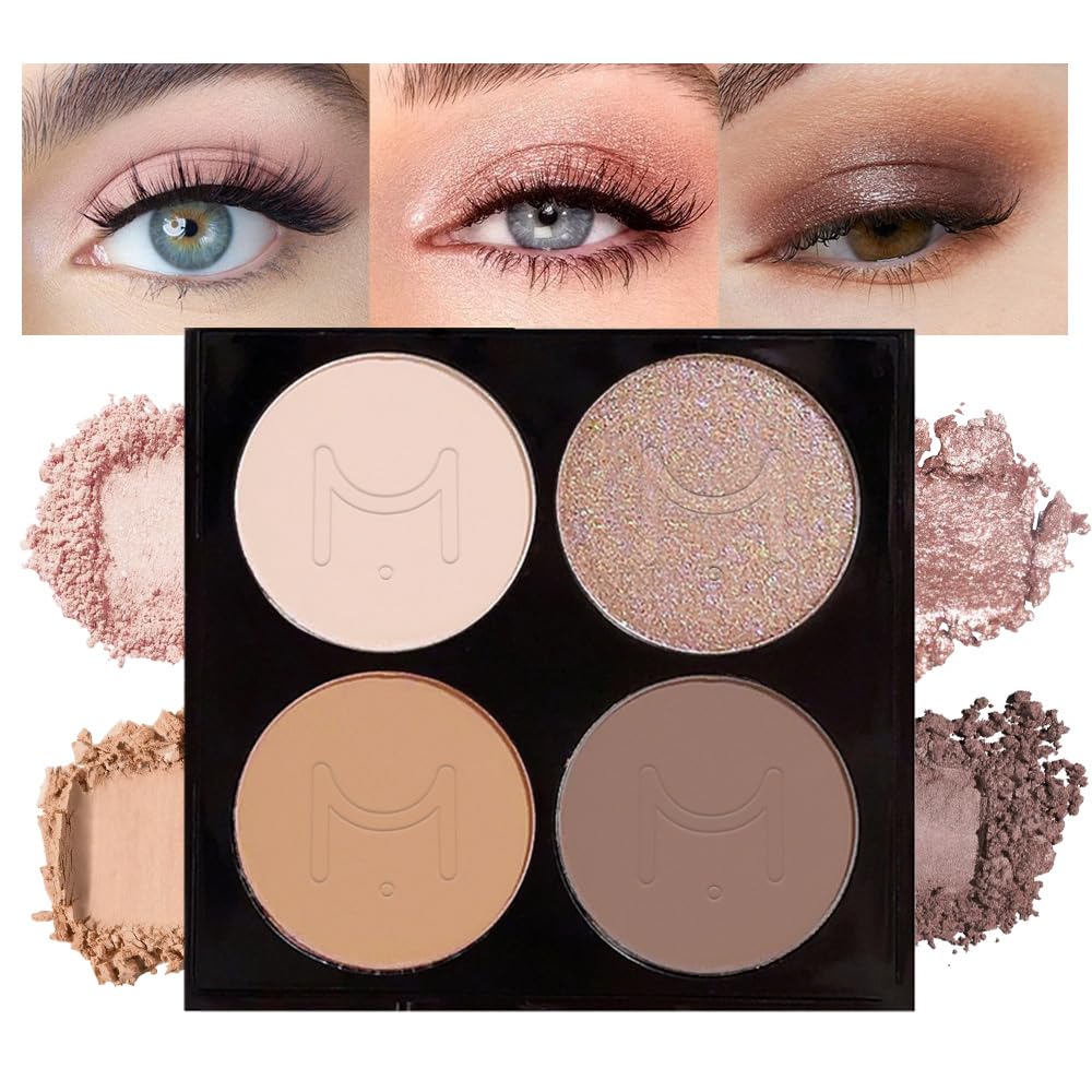 Eyeshadow Quad, Nude Brown Matte Shimmer Eye Shadow Makeup Powder Palette, Suitable for Women's Daily Eyeshadow Makeup, Long-Lasting Waterproof and Smudge-Proof, Easy to Apply, with Built-In Mirror 01