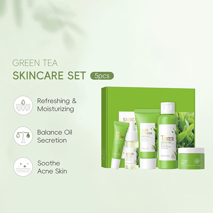 Green Tea Skincare Set for Women, Facial Kit for Women/Teenage Girls, Facial Skin Care Sets & Kits with Cleanser, Toner, Serum, Eye Cream, Cream, Skincare Gift Set Glow Skin, Balance Oil, Shrink Pore