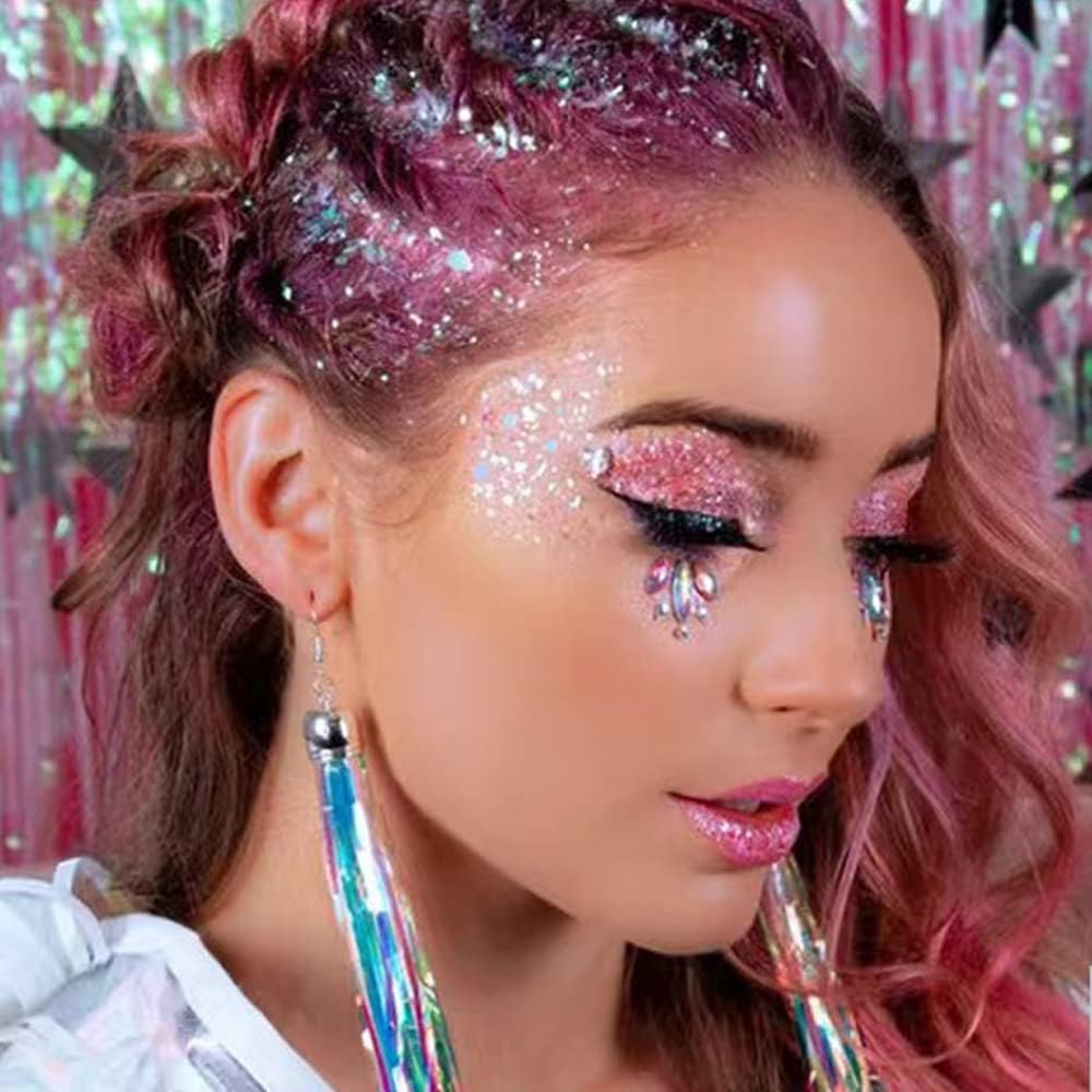 Pink Face Body Glitter Stick, Mermaid Sequins Face Glitter Gel, Singer Concerts Music Festival Rave Accessories,Holographic Chunky Glitter Makeup for Lip Eye Hair Body