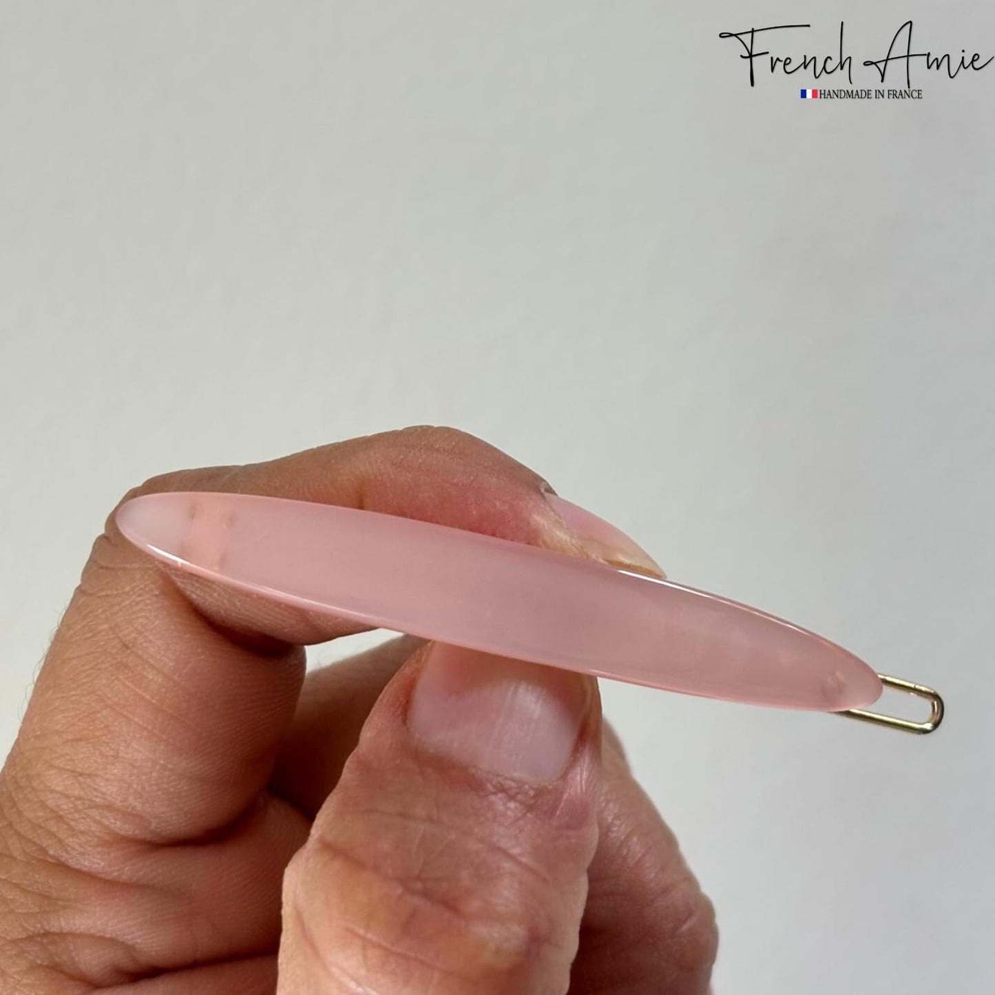 French Amie Narrow Oblong Small 2 1/4" Celluloid Acetate Set of 2 Side Slide In Hair Clip Barrettes with Tige Boule Clasp for Girls and Women, Made in France (Blush Pink)