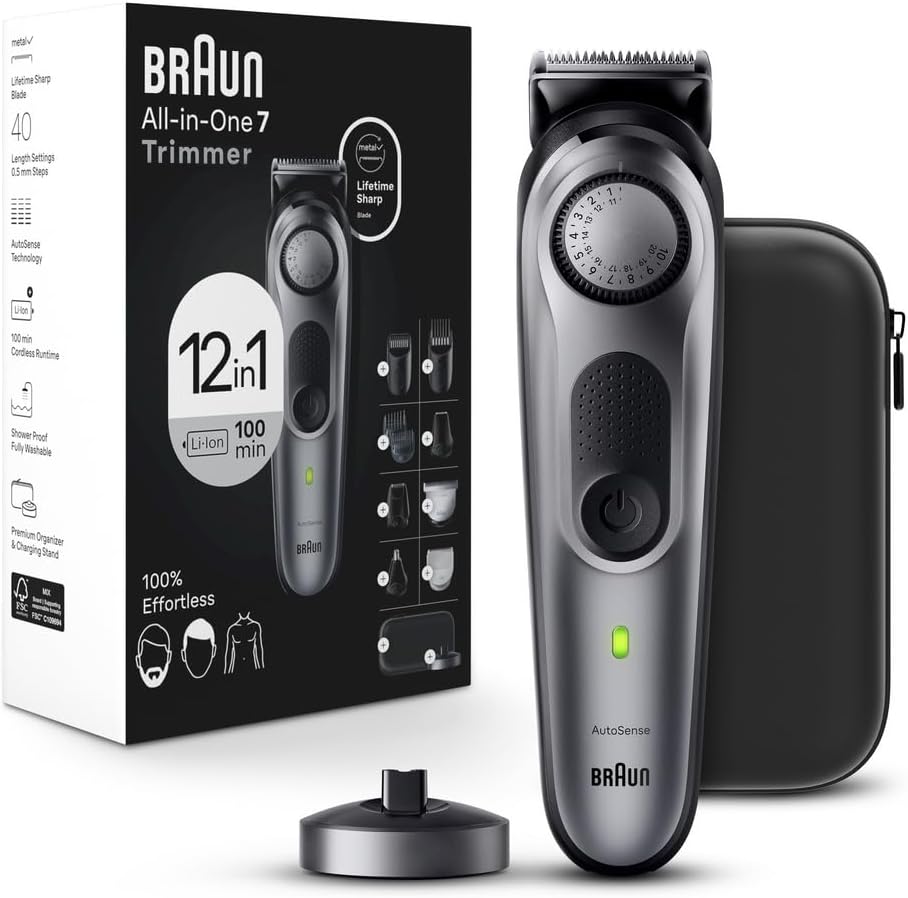 Braun All-in-One Men's Shaving Kit Series 7 7440, 12-in-1 Beard, Face, Nose, Ear Trimmer, Hair Clippers, Body Groomer and Manscaping + Travel Case + Charging Stand