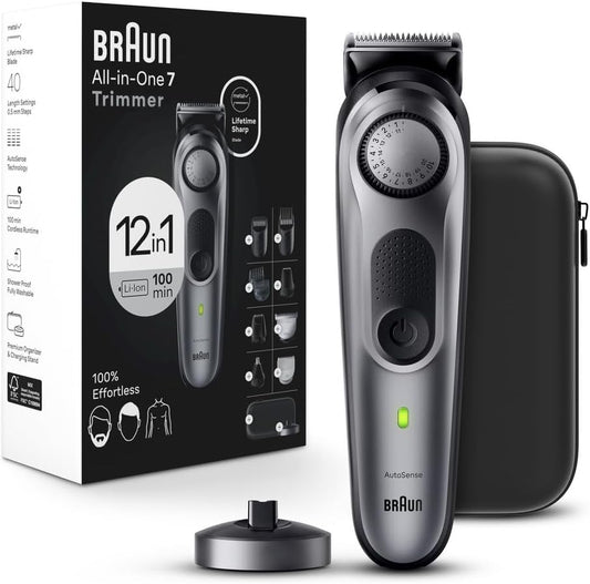 Braun All-in-One Men's Shaving Kit Series 7 7440, 12-in-1 Beard, Face, Nose, Ear Trimmer, Hair Clippers, Body Groomer and Manscaping + Travel Case + Charging Stand