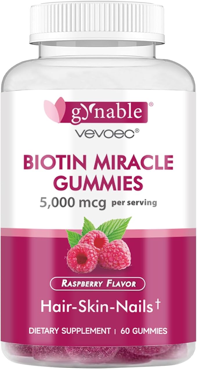 Gynable Biotin Gummies Vitamin B7, 5000 mcg, Hair Skin and Nails Supplement, 60 Count, 2 Month Supply