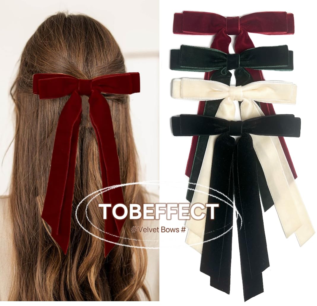 Velvet Hair Bows for Women Girls, Holiday Velvet Ribbon Bows for Hair Holiday Gifts, Black Cream White