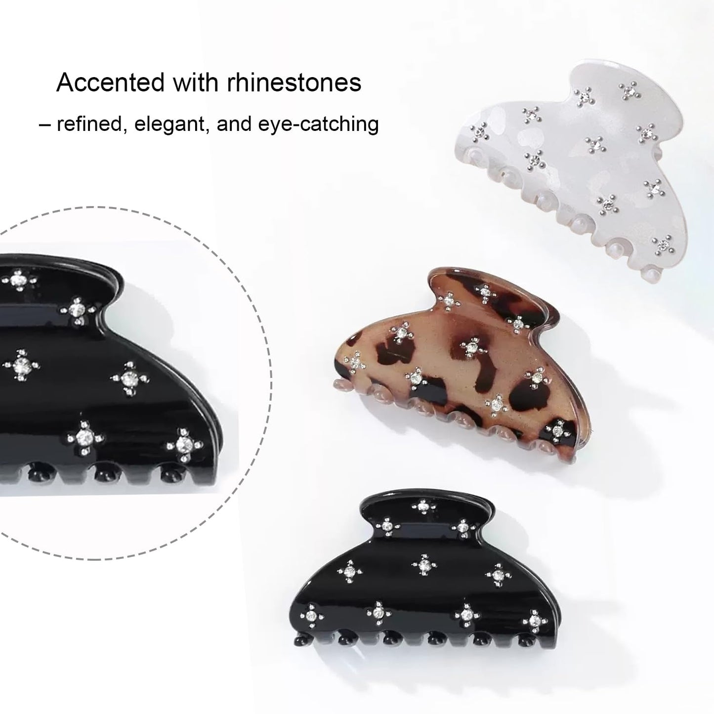 Medium Rhinestone Hair Claw Clips for Women Girls, 3 Pack Sparkling Jaw Clip, Strong Hold Non-Slip Hair Claw Acrylic Hair Clips for Thick Thin Hair - Black, White and Tortoise