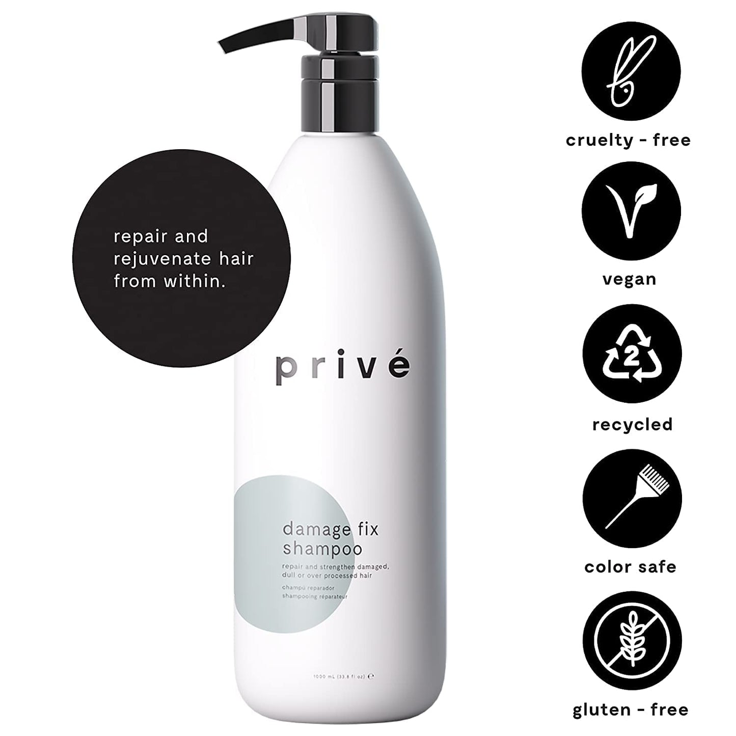 Privé Damage Fix Hair Shampoo for Women & Men - Sulfate-Free Repair Shampoo for Damaged Hair - Strengthening & Moisturizing Formula for Dry, Dull & Over-Processed Strands (33.8 oz)
