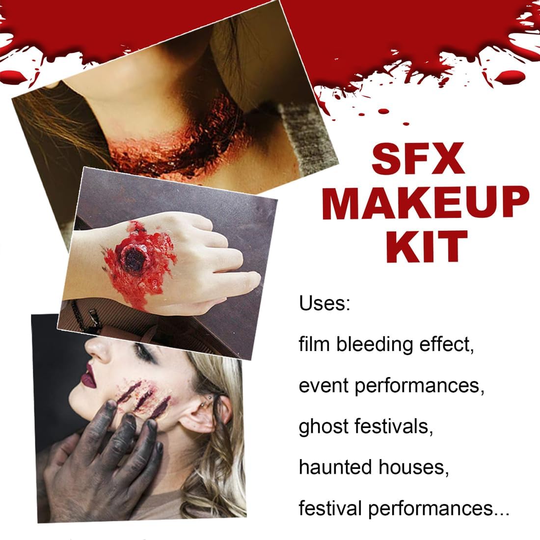 Halloween Fake Blood SFX Makeup Kit – 7PCS Special Effects Set with Fake Blood Spray, Liquid Latex+Scar Wax+Fake Blood Gel+Spatula Tool & 2 Stipple Sponges – Vampire Zombie Makeup Kit for Face & Body