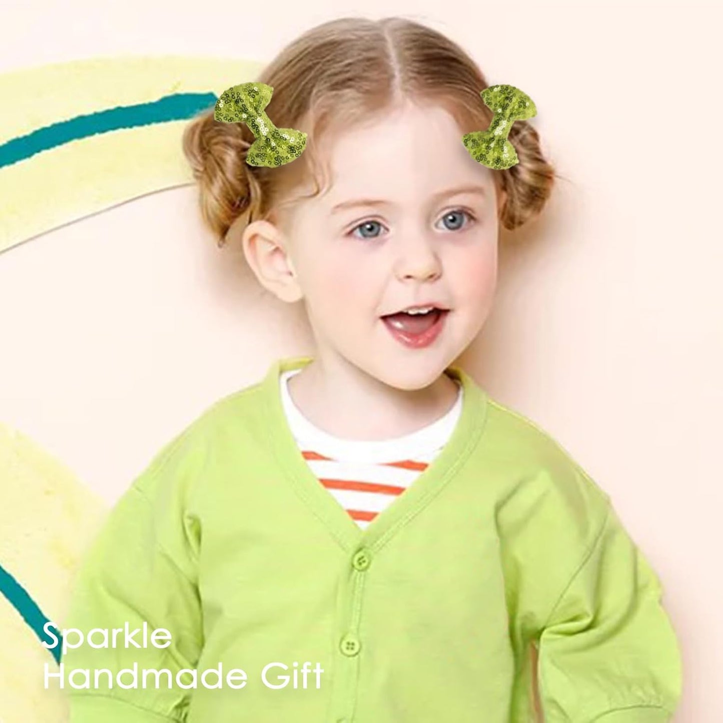 KISZU 3 Inch Glitter Hair Bows Clips, Sparkling Sequin Little Bow HairPins for Baby Girls Children Teens and Women (Apple Green)