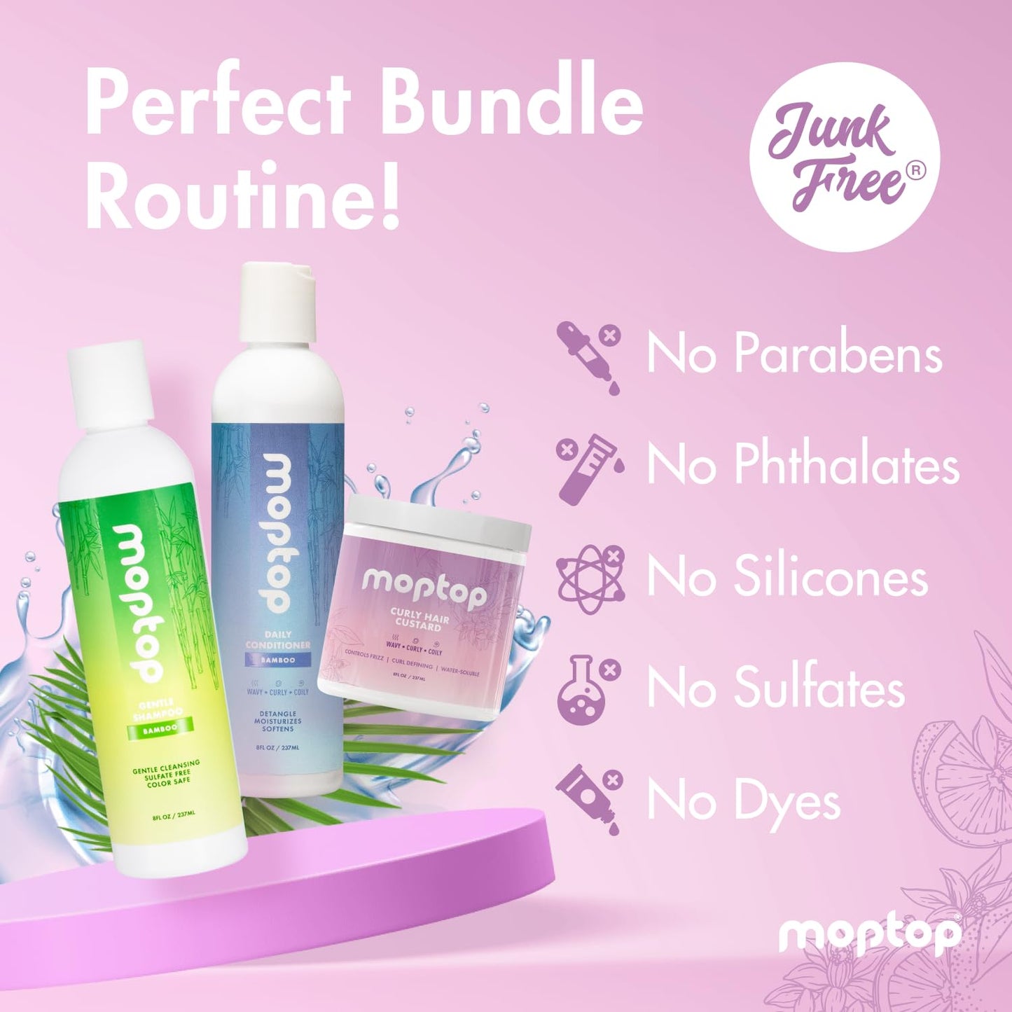 MopTop Curly Hair Routine, Gentle Shampoo + Daily Conditioner + Styling Gel for Wavy and Coily Tresses, Color Safe, Moisturizing Women's Hair Care