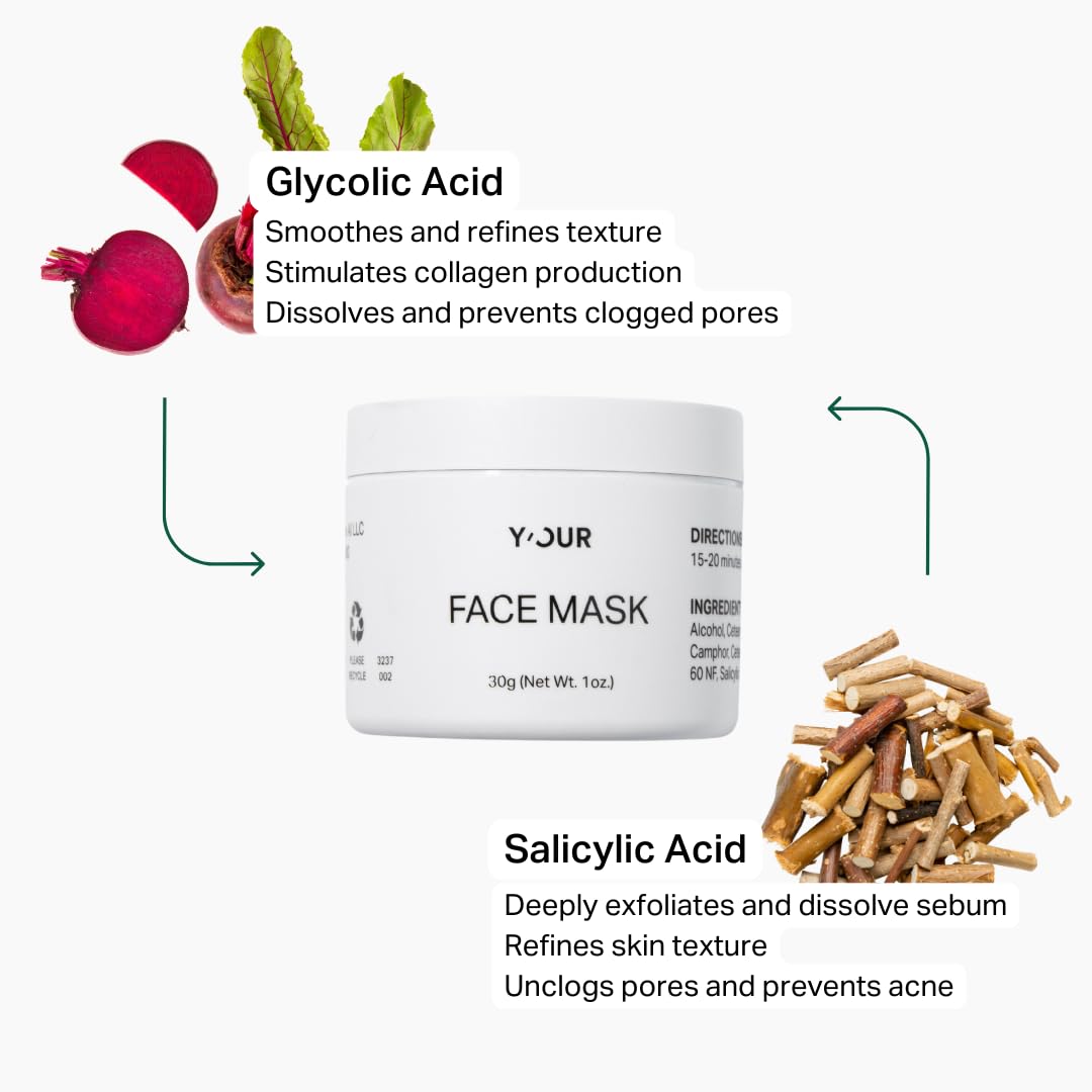Y’OUR Purifying Detox Face Mask: Blackhead, Whitehead & Pore Remover; Anti-Acne & Pimple Care; Cleansing & Exfoliating for Hydrating & Glowing Skin; With Salicylic Acid & Bentonite Clay. Made in USA