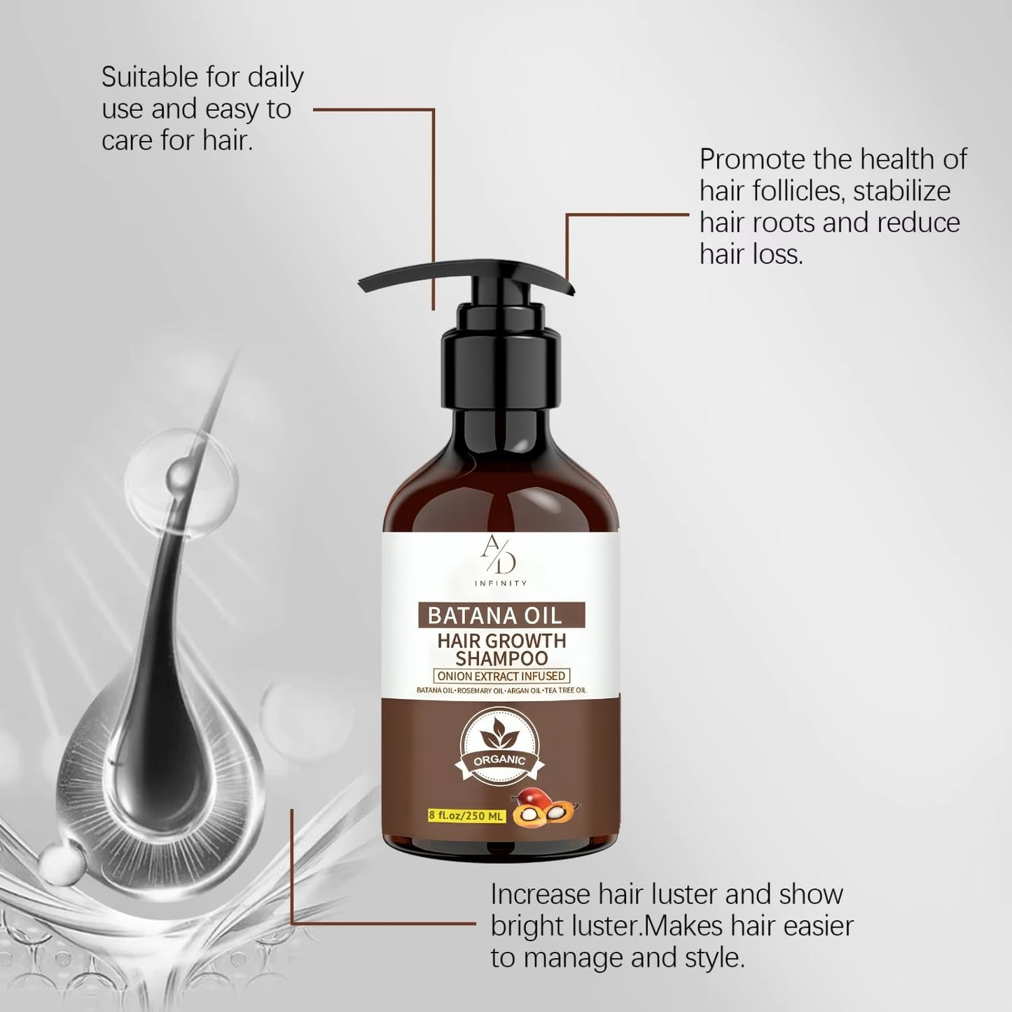 Batana Oil Hair Growth Shampoo – Onion Extract Infused, Organic Natural Formula with Rosemary & Argan Oil – Reduces Hair Loss, Strengthens Roots & Adds Shine for All Hair Types